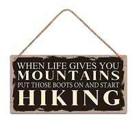 SCAZOMV Wood Signs Room Decor Where Life Gives You Mountains Put Those Boots On And Start Hiking Wall Art Hanging Poster Painting Home Man Cave Bar CafeDecoration 5"x10"