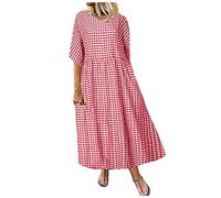SCBFDI Black of Friday Cyber of Monday, Women's Casual Literary Short Sleeve Midi Dresses Temperament Plaid Round Neck Hem Dress Red
