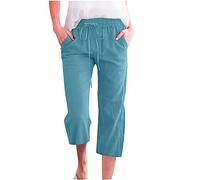 SCBFDI Maternity Trousers Striped Linen Trousers Capri Pants for Women UK Women's Casual Pants Floaty Trousers Leisure Youth Straight Solid Color Trousers Ladies Evening Trousers Turquoise L
