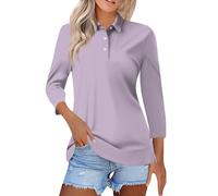 SCBFDI Polo Shirts for Women UK, Ladies Tops and Blouses Lapel Neck Solid Color Golf Polos Button Down 3/4 Length Sleeve Blouses Basic Baseball Tees, Ladies Tunic Tops Size 18