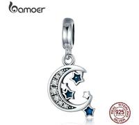 (SCC639) Bamoer Authentic 925 Sterling Silver Sparkling Sky Moon & Star Clear Cz Dangle Charm
