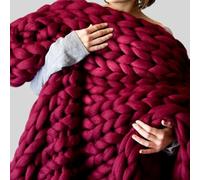 SCDOA Chunky Knit Throw Blanket, Hand Made Wool, Hand Knitted, Burgundy, 19.68 * 19.68in