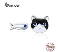 (SCE623) Bamoer Cat And Fish Stud Earrings For Girls Solid Sterling Silver Enamel Kitty Animal Ear Studs