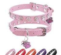 SCENEREAL Cat Collar with Bells, Leather Cat Collars with Paw Studded, Adjustable Pet Collars for Boy Girl Cats,Soft Cute Cat Collar for Kitty Puppy Small Big Cats, Pink