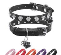 SCENEREAL Leather Cat Collar with Bell and Rivet, Personalized Stud Pet Collars with Safety Elastic Belt and Cute Paw Charm, Adjustable Soft Kitten Puppy Accessories for Boys Girls Cats, Black