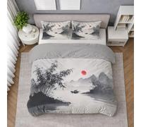 Scenery Duvet Cover Set, Quilt Cover Bedding Set in Charcoal Red Microfibre with Pillowcases, King 230 X 220 cm, Boat Mountain Sun, Lightweight, Soft Touch, Easy Wash, Fade Resistant