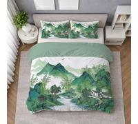 Scenery Duvet Cover Set, Quilt Cover Bedding Set in Emerald Green Microfibre with Pillowcases, King 230 X 220 cm, Mountain Boat House, Lightweight, Soft Touch, Easy Wash, Fade Resistant