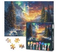 Scenery Jigsaw Puzzles 1000 Pieces, Fantasy Winter Landscape with Aurora Borealis Over The River Puzzle for Adults 1000 Pieces, Aurora Borealis Puzzles, 19.5 x 27.5 Inch
