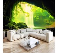Scenery Nature Forest Waterfall 3D Panoramic Photo Wallpaper 450 x 280 cm Photo Wallpaper Mural, Green Non-Woven Premium Art Print Fleece Wall Mural Decoration Poster Picture Design Modern