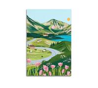 Scenery Poster Mountain Village Flower Road Illustration Simple Coloring Poster Modern Wall Art Canvas Aesthetic Decoration Painting 20x30inch(50x75cm) Unframe-style