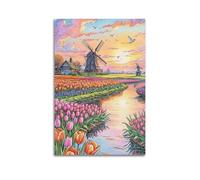 Scenery Poster River - Bend Windmill Flower Field Illustration Delicate Outlining Poster Modern Wall Art Canvas Aesthetic Decoration Painting 08x12inch(20x30cm) Unframe-style