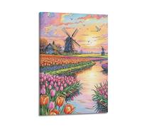 Scenery Poster River - Bend Windmill Flower Field Illustration Delicate Outlining Poster Modern Wall Art Canvas Aesthetic Decoration Painting 08x12inch(20x30cm) Frame-style