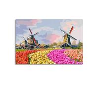 Scenery Poster Tulip Windmill Field Color - Block Vivid Splicing Poster Modern Wall Art Canvas Aesthetic Decoration Painting 16x24inch(40x60cm) Unframe-style