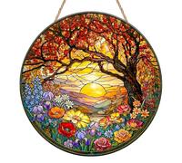 Scenery Sun Catchers for Windows, Sunset Landscape Stained Glass Suncatchers for Windows, Forest Wildflower Window Hanging for Home Garden Glass Wall Art