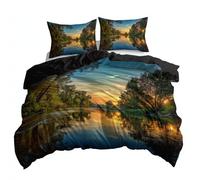 Scenery Sunset Lake Dreamlike 3D Printed Duvet Cover Set King, Green Bedding Set with 2 Pillowcases & Hidden Zipper, Soft Brushed Microfiber 3-Piece Quilt Cover for Kids Teens & Adults