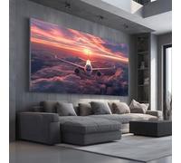 Scenic Airplane Frameless Canvas Wall Art for Bathroom Hallway Decor Sunset Clouds Canvas Print Modern Sky Wall Painting 80x160 cm