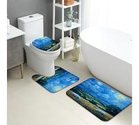 Scenic Bathroom Mat Sets 3 Piece, Sky Landscape Absorbent Non Slip Toilet Rugs U Shaped Washable, Nature Inspired Quick Dry Memory Foam Bathroom Rug Set