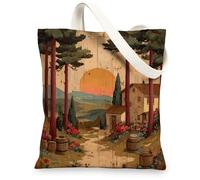 Scenic Canvas Tote Bags, Rustic Landscape Design Reusable Grocery Bags, Vintage Artistic Lightweight Washable Shoulder Stra, Multicolor, 13x15 Inch