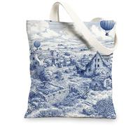 Scenic Canvas Tote Bags, Vintage Landscape Illustration Reusable Grocery Bags, Artistic Outdoor Travel Beach Shoulder Bags, Blue, 13x15 Inch