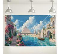 Scenic Egyptian Oasis Wall Backdrop, Colorful Floral Garden Art for Party Decorations, Nautical Theme Photography Background for Events, Summer Holiday Decor 71x43 Inch