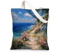 Scenic Floral Canvas Tote Bag, Eco-Friendly Reusable Beach Bags, Lightweight Blue Shoulder Strap Shopping Bags 13x15 Inch