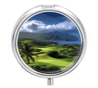 Scenic Hawaii Golf Tropical Pill Box Cute Round Small Pill Organizer Portable with 3 Compartments Travel Metal Pill Case for Pocket Or Purse Privacy Protecting Medicine Box