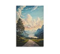 Scenic Landscape with Tree, Mountains, Lake And Pathway Under A Cloudy Sky Decorative Painting Canvas Wall Posters And Modern Family Bedroom Decor 24x36inch(60x90cm)