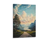Scenic Landscape with Tree, Mountains, Lake And Pathway Under A Cloudy Sky Decorative Painting Canvas Wall Posters And Modern Family Bedroom Decor 16x24inch(40x60cm)