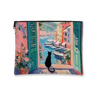 Scenic Makeup Pouch, Cat Window View Cosmetic Bag for Women, Portable Small Canvas Zipper Organizer, Travel Toiletry Gift for Holiday Season, Black, 7x9 Inch, Cat