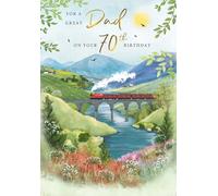 Scenic Mountain Train 70th Birthday Card for Dad, Landscape Design with Steam Train and Bridge, 15 x 23 cm