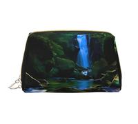 Scenic Mountain Waterfall Zipper Closure Leather Portable Waterproof Cosmetic Bag for Home Travel to Organize Toiletries Sundries