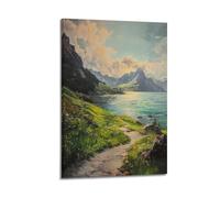 Scenic Path by Serene Lake with Majestic Mountains And Cloudy Sky Decorative Painting Canvas Wall Posters And Modern Family Bedroom Decor 20x30inch(50x75cm)