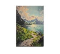 Scenic Path by Serene Lake with Majestic Mountains And Cloudy Sky Decorative Painting Canvas Wall Posters And Modern Family Bedroom Decor 24x36inch(60x90cm)