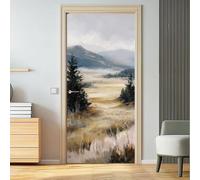 Scenic Rustic Self Adhesive Door Stickers, 3D Peel and Stick, Mountains Pine Trees Grass River Waterproof Door Decal Vinyl Wall Murals Beige Green Removable Mural for Home Décor, 88 x 200 cm