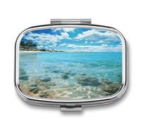 Scenic Sea Water Pill Box 2 Compartment - Small Metal Medicine Organizer Portable Pill Case for Purse Pocket Travel Vitamin Organizer for Men Women, BPA-Free