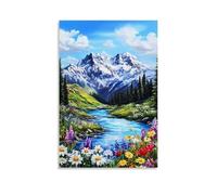 Scenic Snow Mountain Nature Wall Art, Stream & Wildflowers Landscape Painting Artwork Hanging Paintings Poster, Peaceful Wall Decor for Home Living Room Bedroom 24x36inch(60x90cm)