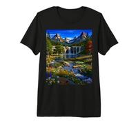 Scenic Waterfall Mountain Flower Field Nature Wilderness Premium T-Shirt