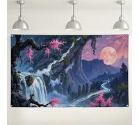 Scenic Waterfall Wall Backdrop, Peach Floral Nature Landscape, Dreamy Mountain Photography Background for Events, Indoor/Outdoor Decorations 71x43 Inch