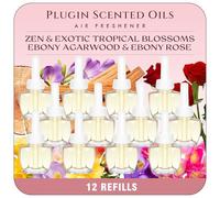 Scent-Hi Plug in Air Freshener Refill 12 Pack - Scented Oil Refills Compatible with Air Wick & Glade Devices, 4 Scents: Zen Exotic, Tropical Blossoms, Ebony Agarwood & Ebony Rose