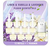 Scent-Hi Plug-in Air Freshener Refills 12 Pack - Compatible with Air Wick & Glade Plugin, Long Lasting Air Freshener with 1 Plug for Bedroom, Bathroom & Living Room - Linen, Vanilla, Lavender Scented
