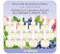 Scent-Hi Plug in Air Freshener Refills 12 Pack - Home Fragrance Refill, Scented Oil Refills Compatible with Air Wick & Glade Devices, 4 Scents: Fresh Cut Grass, Peach, Blueberry & White Tea