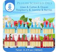 Scent-Hi Plug In Air Freshener Refills Compatible with Febreze 3Volution, 8 x 20ml, Linen Cotton Ocean and Raspberry Jasmine Berries, Rotating Fragrance for Bedroom Bathroom Living Room