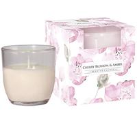Scented candle in pastel glass, aroma: cherry blossom and amber, dimensions: diameter 7.6 x 7.6 cm, burning time 22 hours