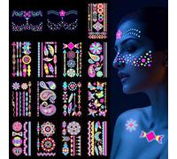Scettar 15 Sheets Temporary Tattoos, 200+ UV Blacklight Neon Glow Fake Tattoos Multiple Designs Glow in the Dark Neon Tattoos Rave Festival Accessories for Women Girls Party Supplies