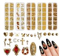 Scettar 5 Boxes Gold Nail Charms and Gems Set, 3D Nail Charms 3D Gold Nail Charms & Nail Gems Kit for Nails Supplies, Charms for Nails Design Nail Art Kit