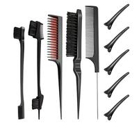 Scettar Pack of 5 Sleek Bun Brush for Sleek Braid, Sleek Brush with 5 Clips, Styling Comb, Hair Brush Set and Rat Tail Comb, Touping Brush Set, Sleek Braid Brush for Hairdresser Women Children (Black)