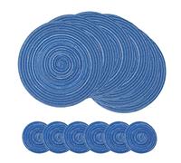 SCF2017 Round Woven 12Pcs Cotton Placemats, Heat Resistant Washable 30cm Table Mats and 11cm Coasters,Blue