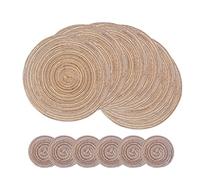SCF2017 Round Woven 12Pcs Cotton Placemats, Heat Resistant Washable 30cm Table Mats and 11cm Coasters,Brown