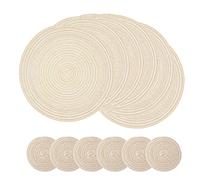 SCF2017 Round Woven 12Pcs Cotton Placemats, Heat Resistant Washable 30cm Table Mats and 11cm Coasters,Beige