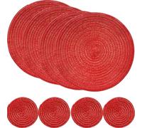 SCF2017 Round Woven Cotton Placemats, Heat Resistant 30cm Table Mats and 11cm Coasters,Set of 4,Red